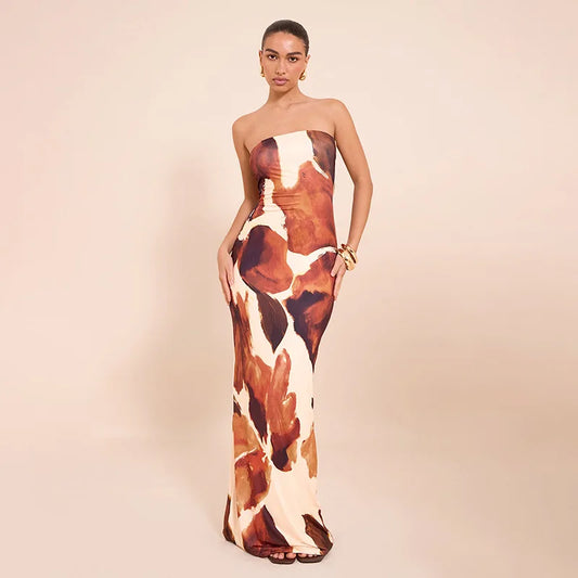 Elegant Strapless Abstract Print Maxi Dress