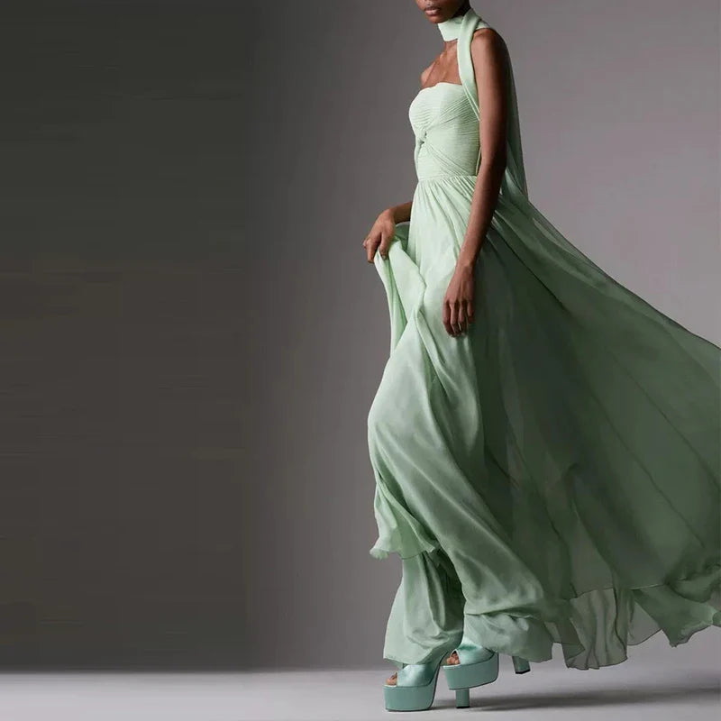 Emerald Pleated Off-Shoulder Dress | Elegant Evening Silhouette