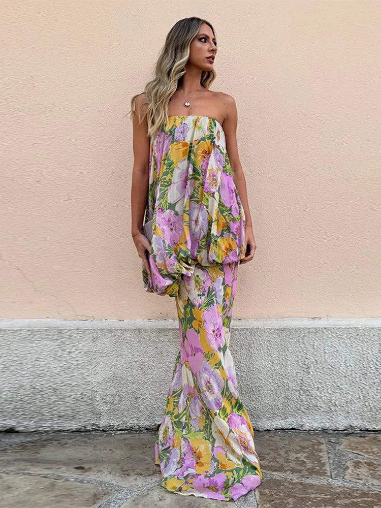 Strapless Floral Maxi Dress, Blouson Chiffon