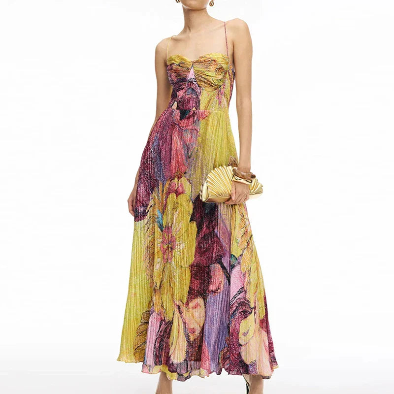 Boho Floral Maxi Dress | Strapless Pleated Beachwear