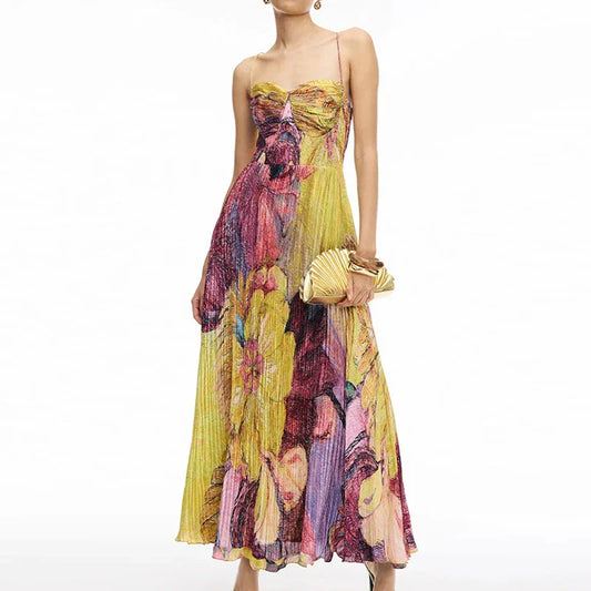 Boho Floral Maxi Dress | Strapless Pleated Beachwear