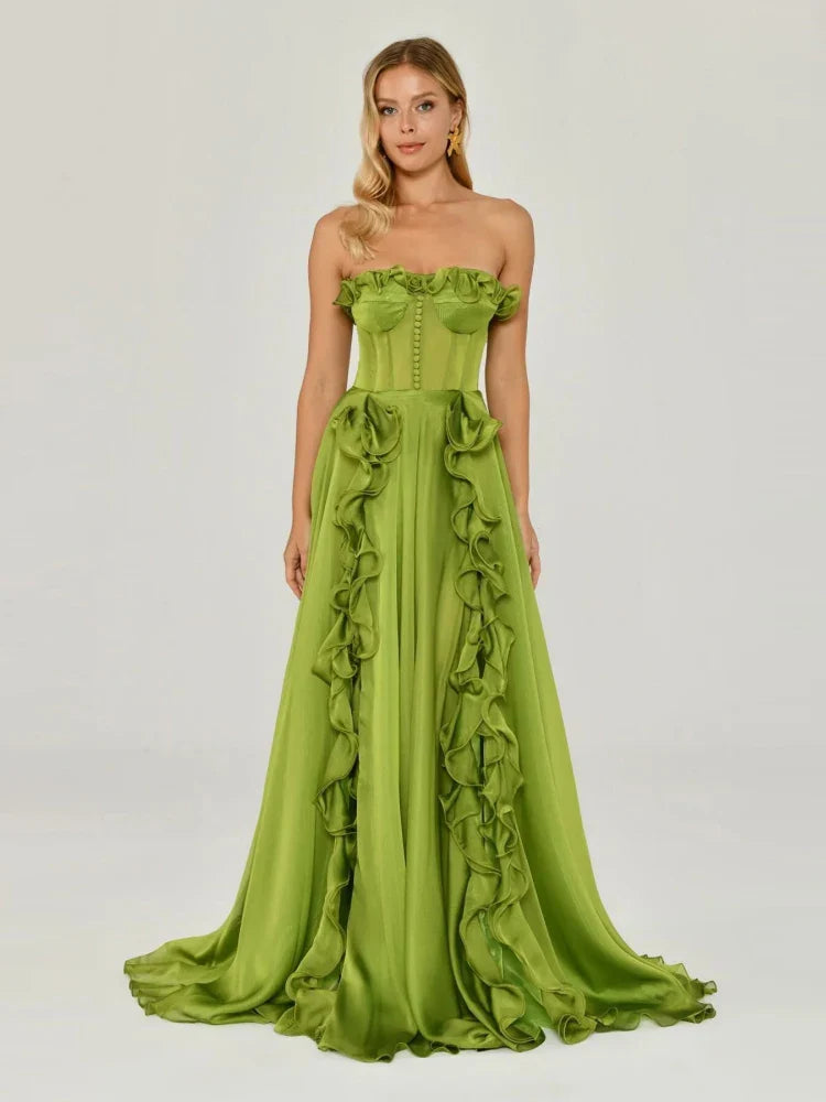Strapless Ruffle Maxi Dress | Women’s Lace-Up Split Floor-Length Evening Gown