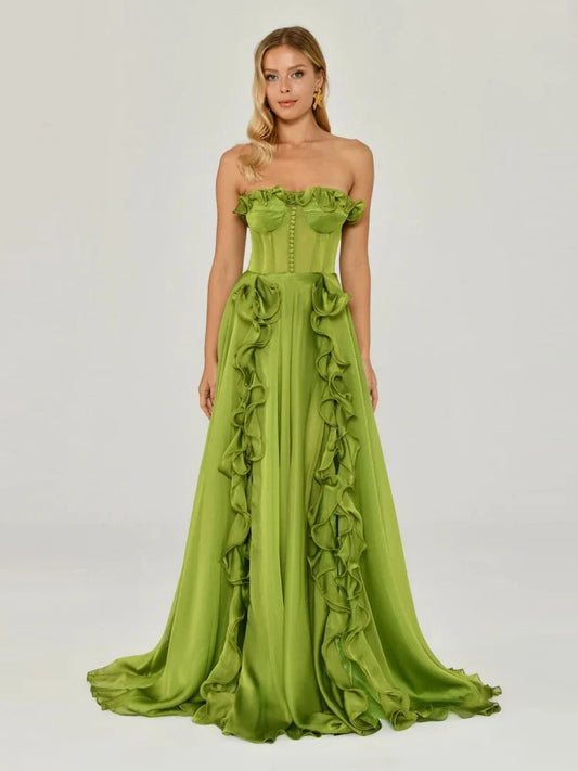 Strapless Ruffle Maxi Dress | Women’s Lace-Up Split Floor-Length Evening Gown