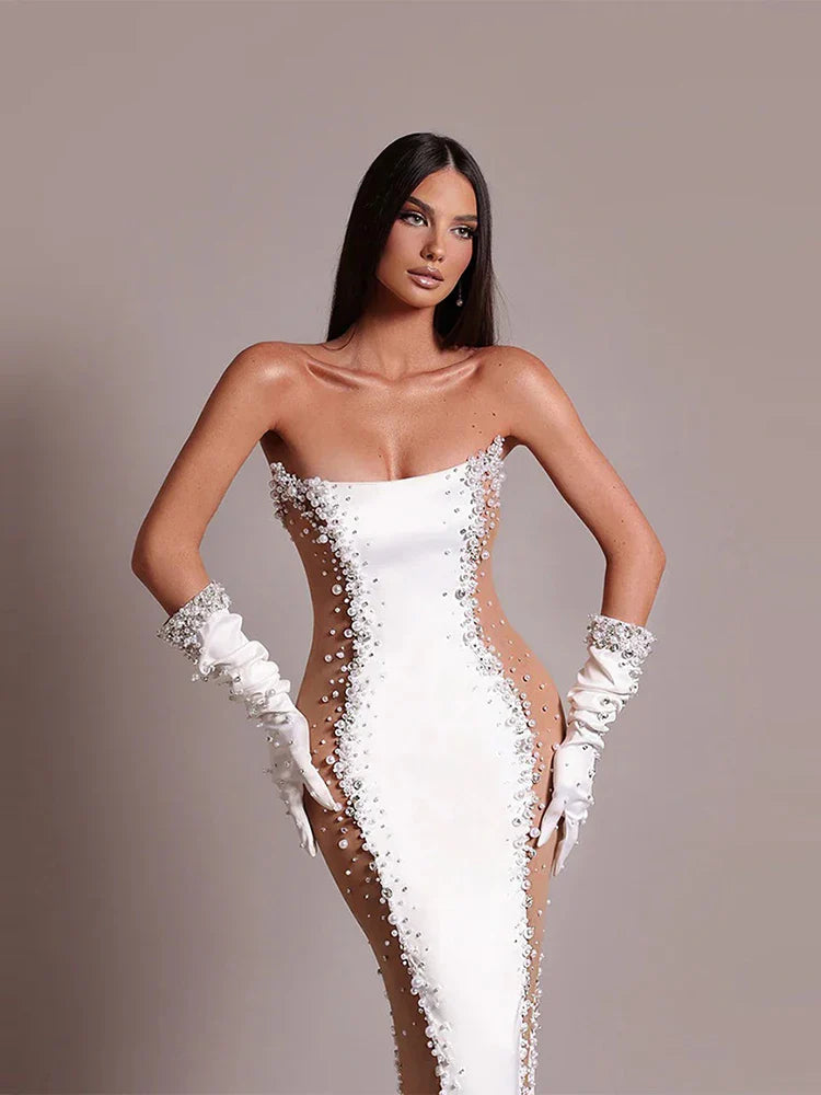 Strapless pearl-embellished dress with a sculpted sheath silhouette