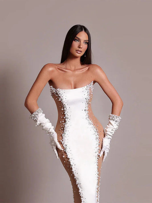 Strapless pearl-embellished dress with a sculpted sheath silhouette
