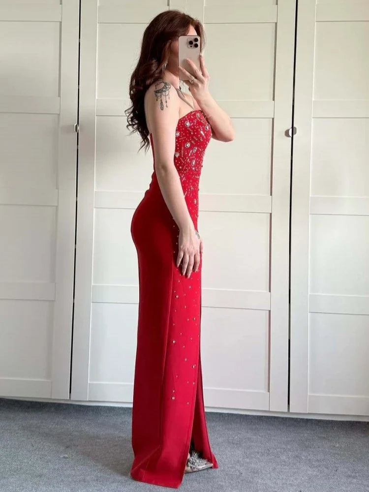 Red Strapless Diamond Beaded Gown | Glam Evening Elegance