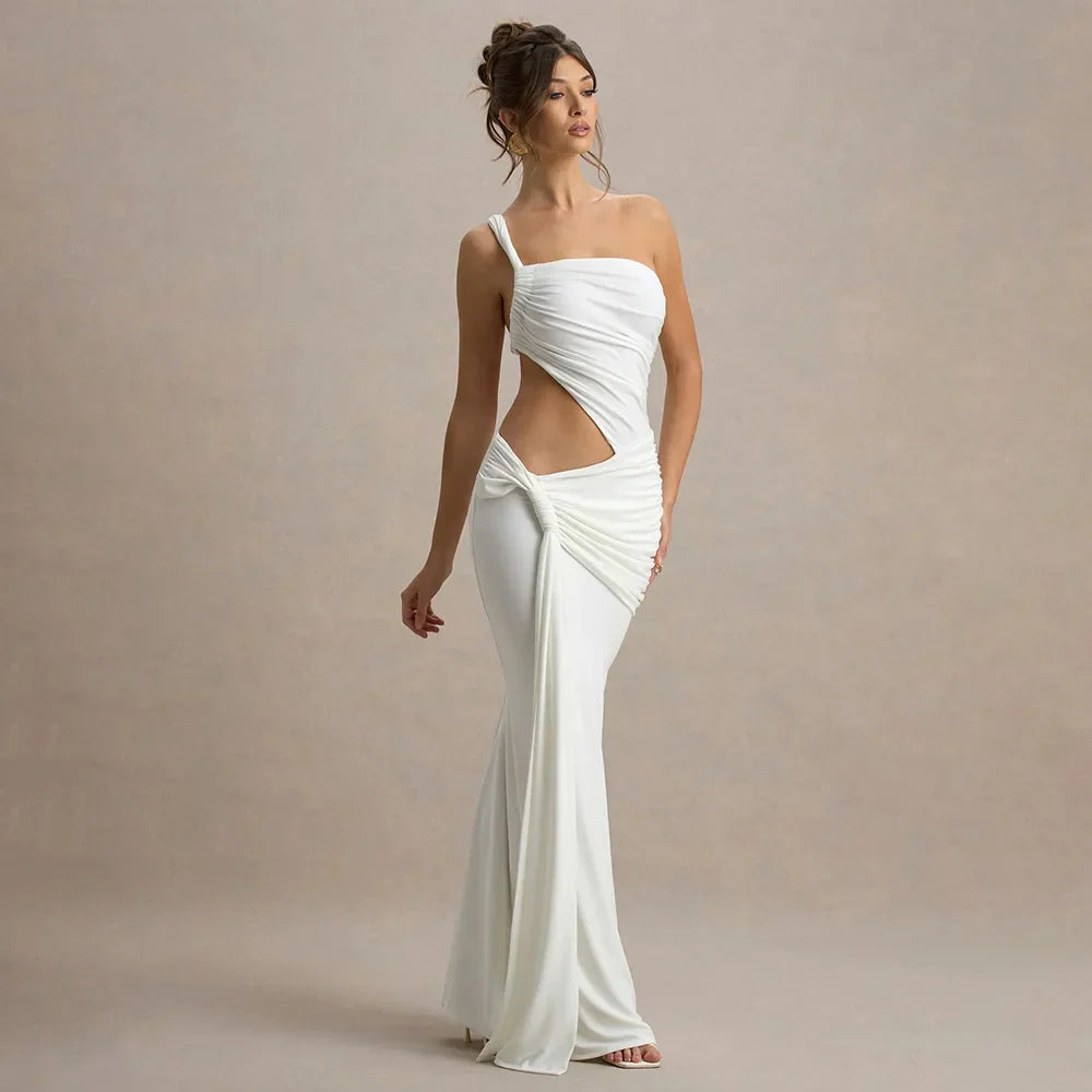 Ruched cut-out gown with bold silhouette and sleek fit