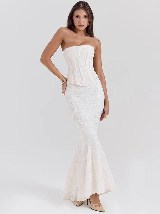 Strapless white crop top and maxi skirt set for women