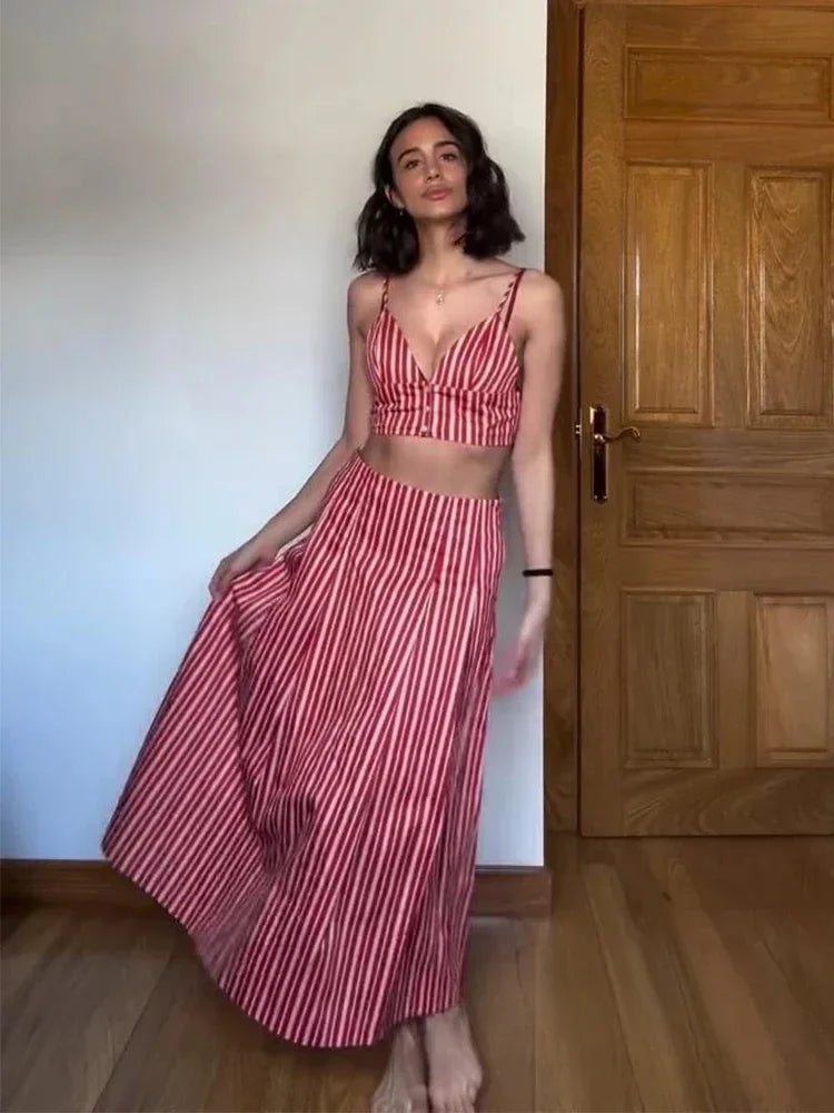 Striped Spaghetti Straps Crop Top and Skirt Set