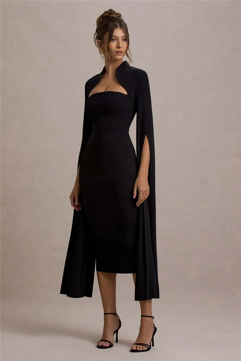 Black Midi Dress with Long Cape Sleeves