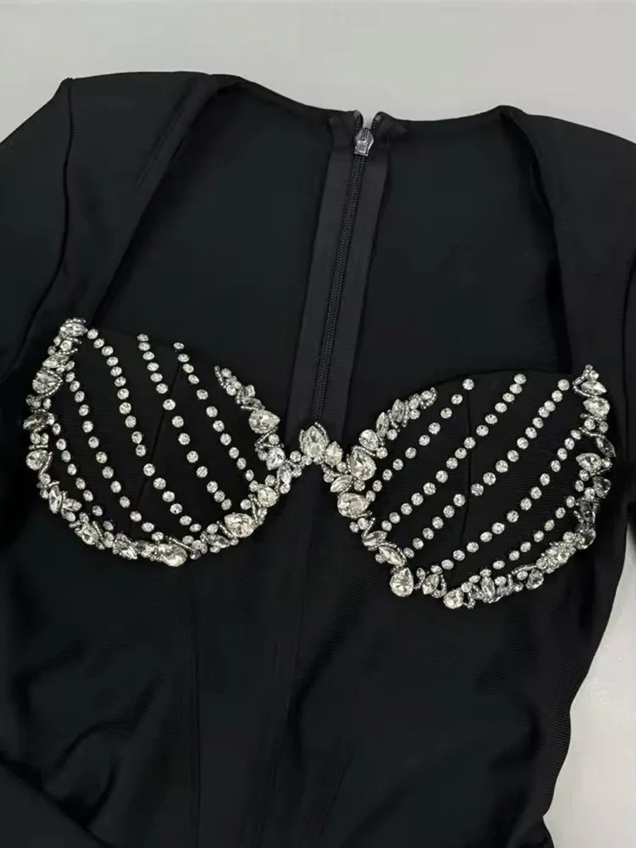 Black Square-Neck Diamond Patchwork Long-Sleeve Midi Dress