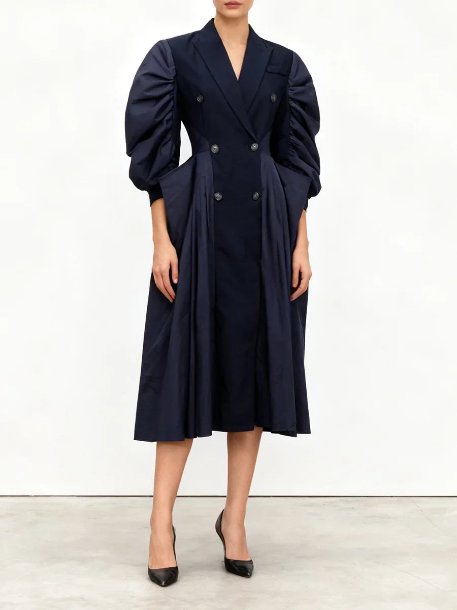 Blue Puff-Sleeve Double-Breasted Pleated Midi Dress