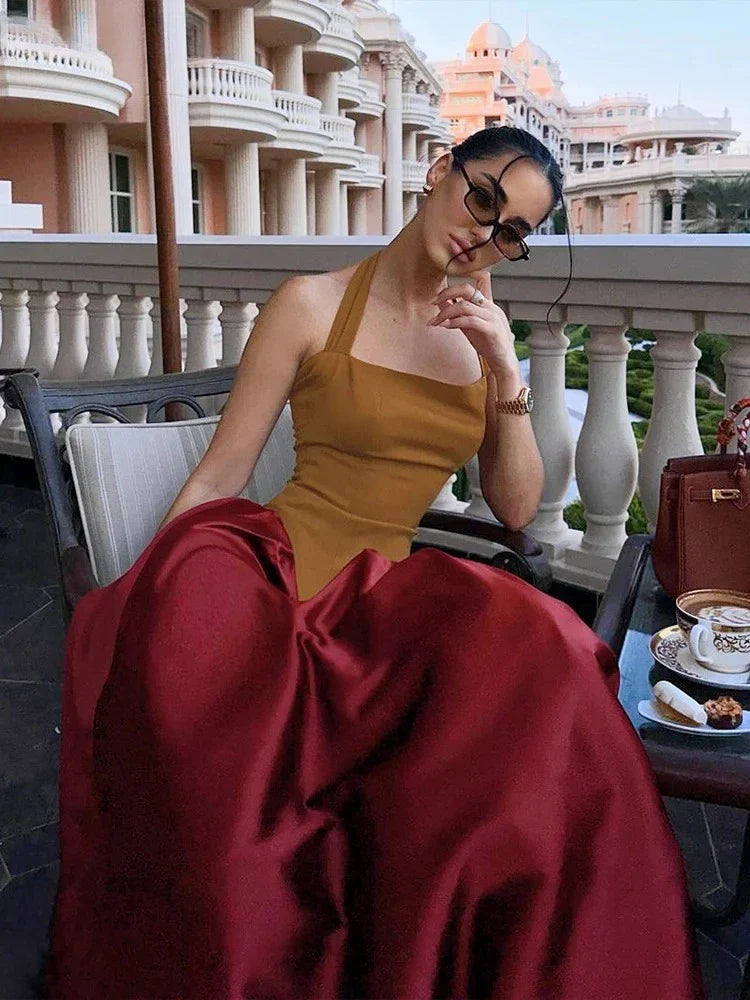 Patchwork Halter Backless Maxi Dress