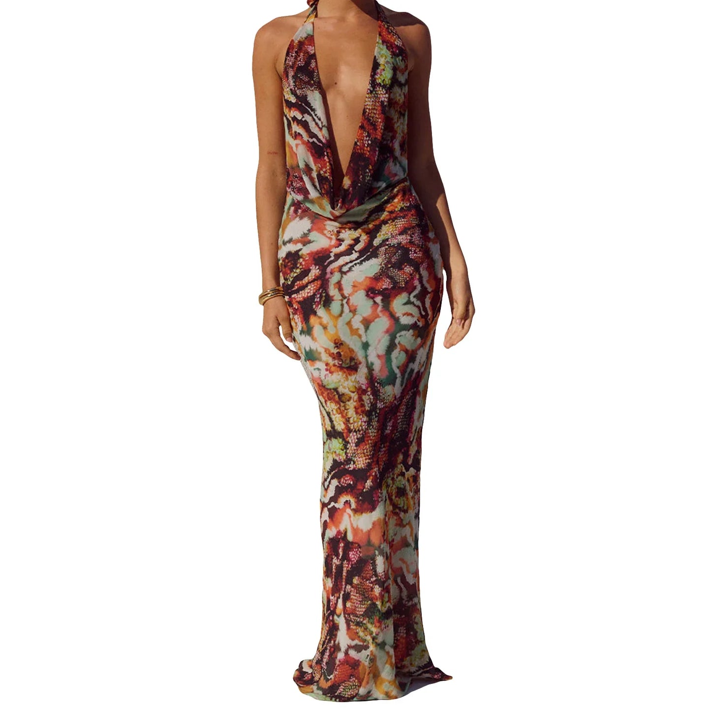 A long dress with a stylish vintage print.