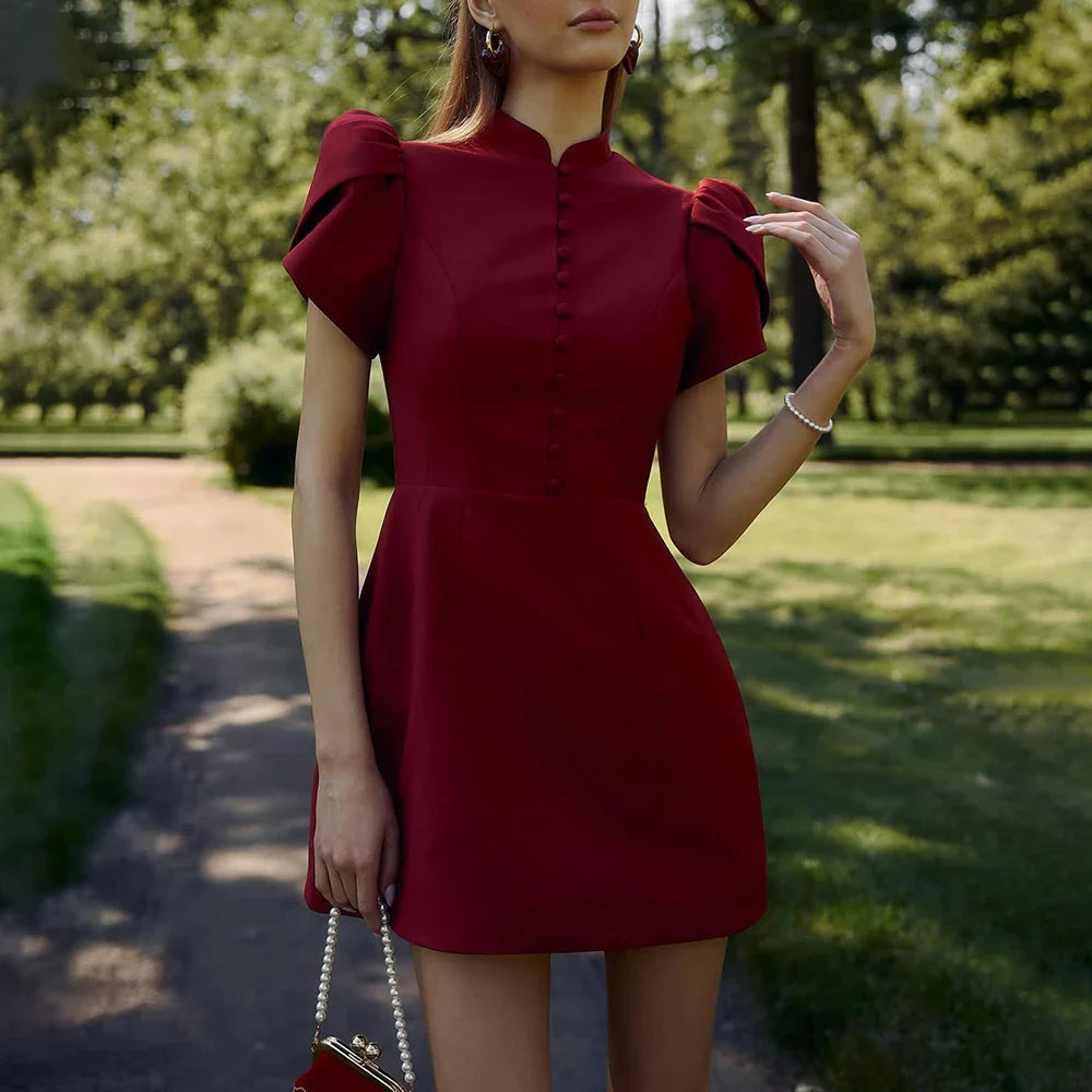 Elegant A-line short dress with high waist design