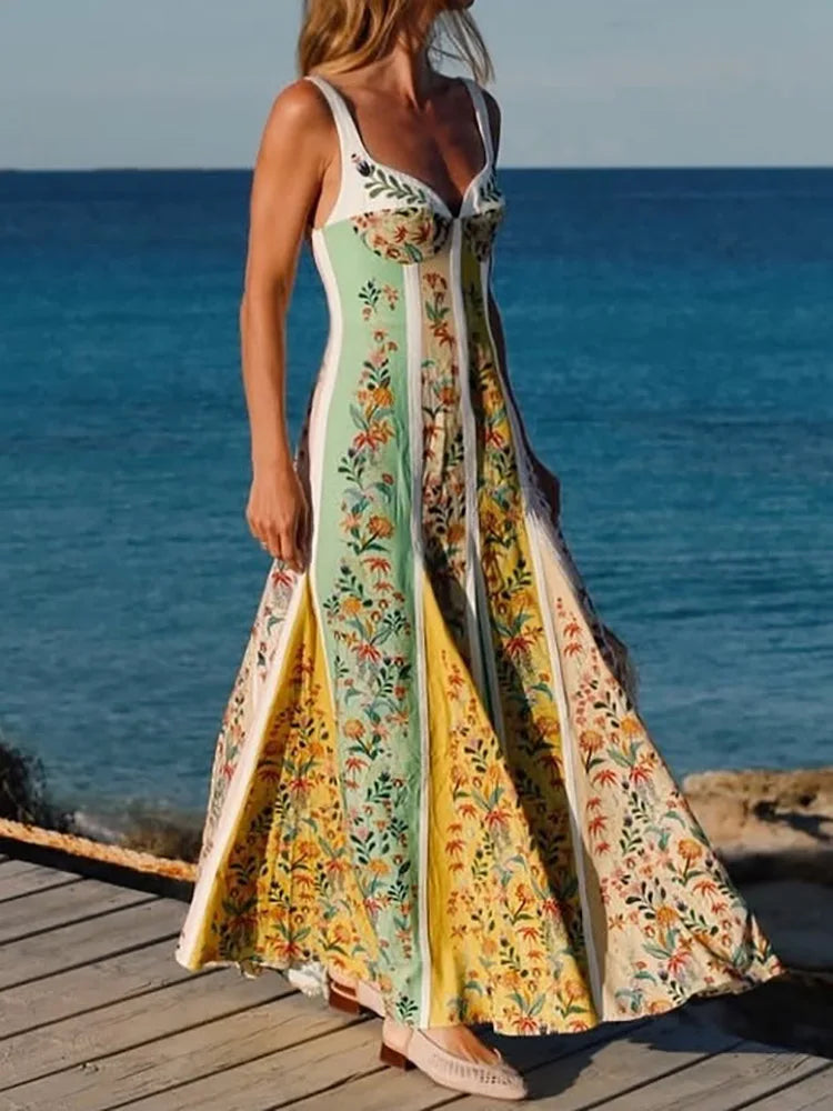 Patchwork Spaghetti-Strap Maxi Dress