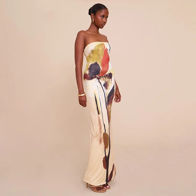 Elegant Strapless Abstract Print Maxi Dress