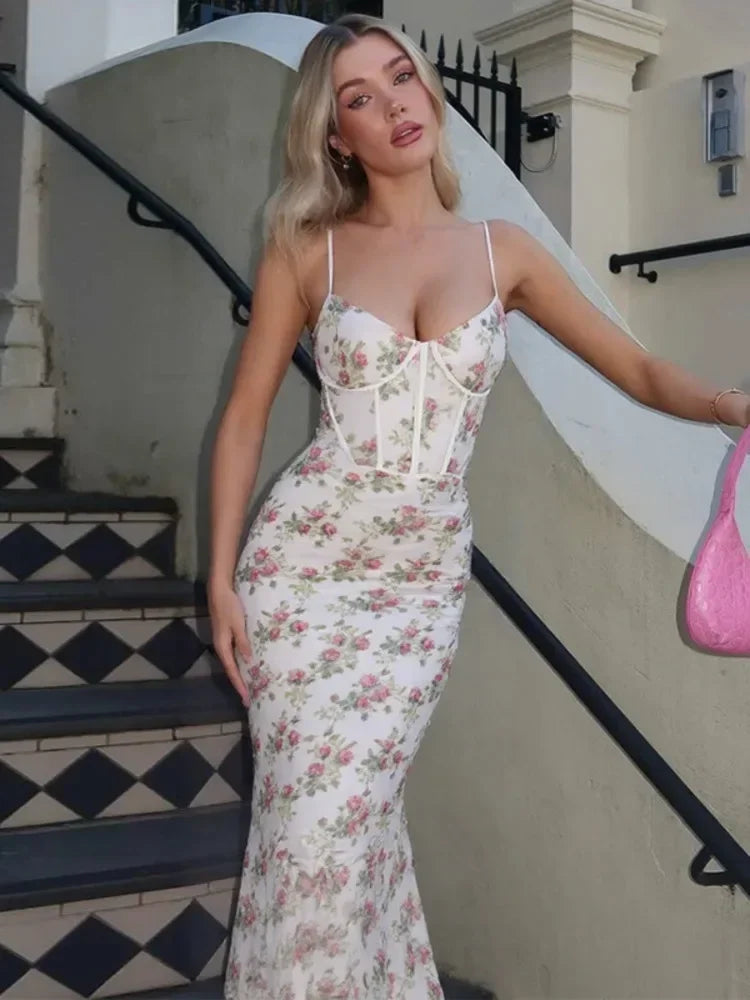 Floral Spaghetti Strap Maxi Dress | Backless Summer Evening Gown