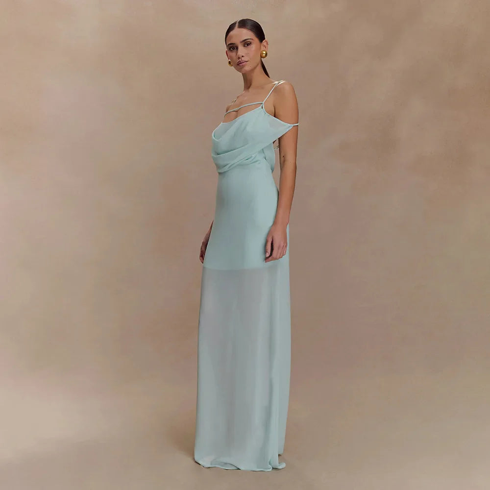 Solid Cowl Neck Chiffon Gown | Backless Tie-Flower Slip Dress