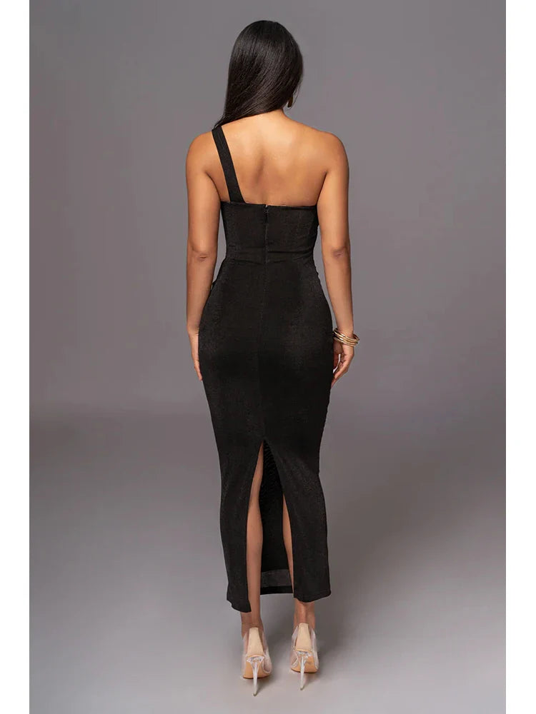 One Shoulder Mesh Bandage Dress | Black Bodycon Gown