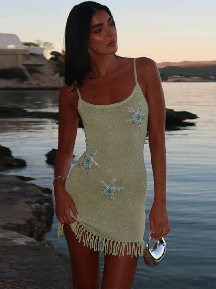 Green Knitted Mini Dress with Pearl Starfish Detail
