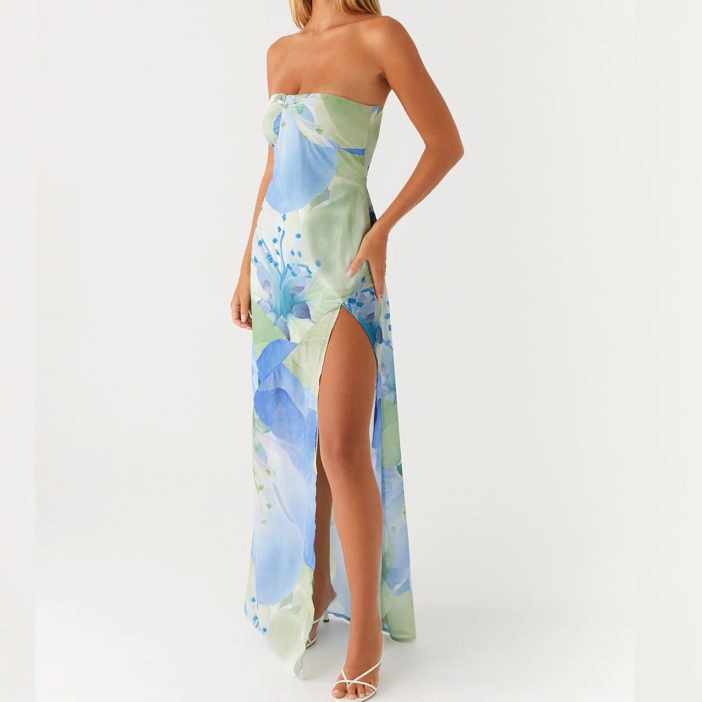 Blue Floral Strapless Maxi Dress – Summer Y2K Bodycon Tube Dress with Slit