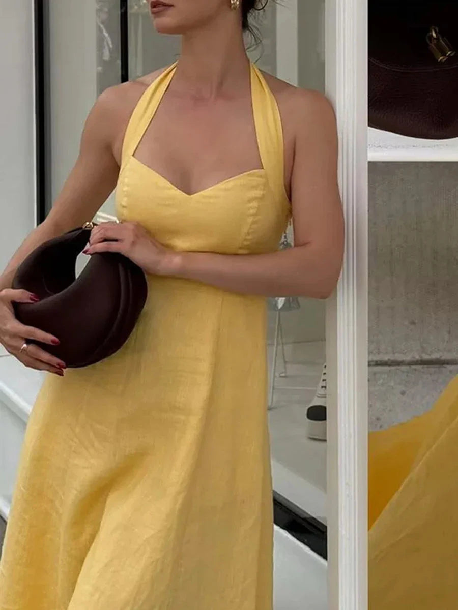 Yellow Halter Midi Dress | French-Inspired Backless Summer Look