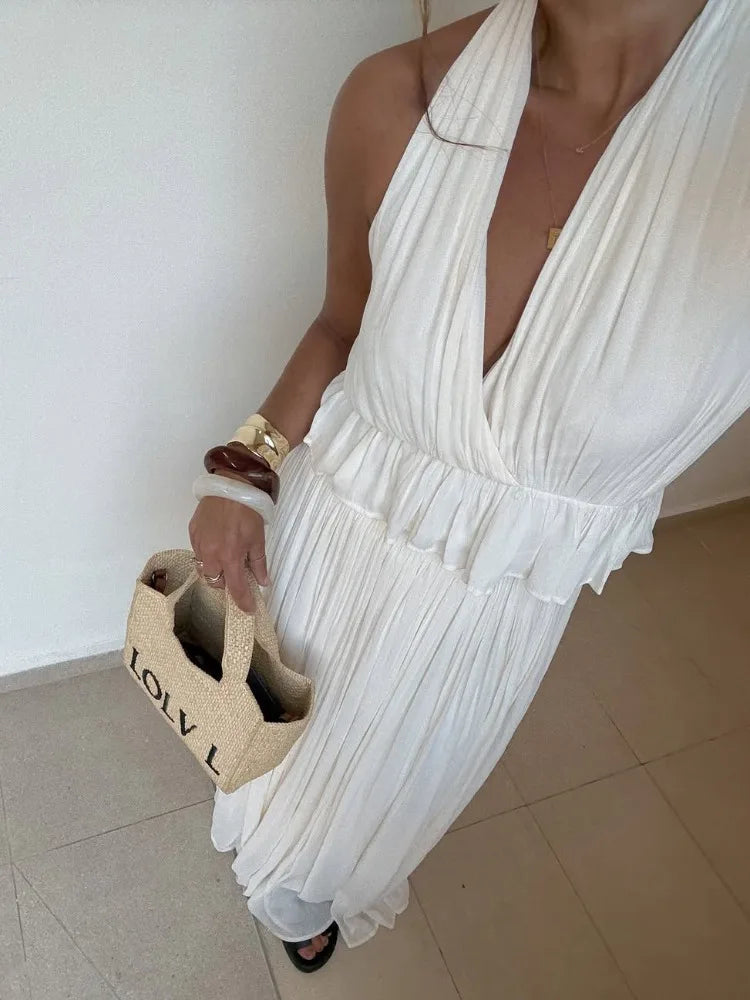 White Backless 2-Piece Set | Halter Crop Top & Pleated Maxi Skirt