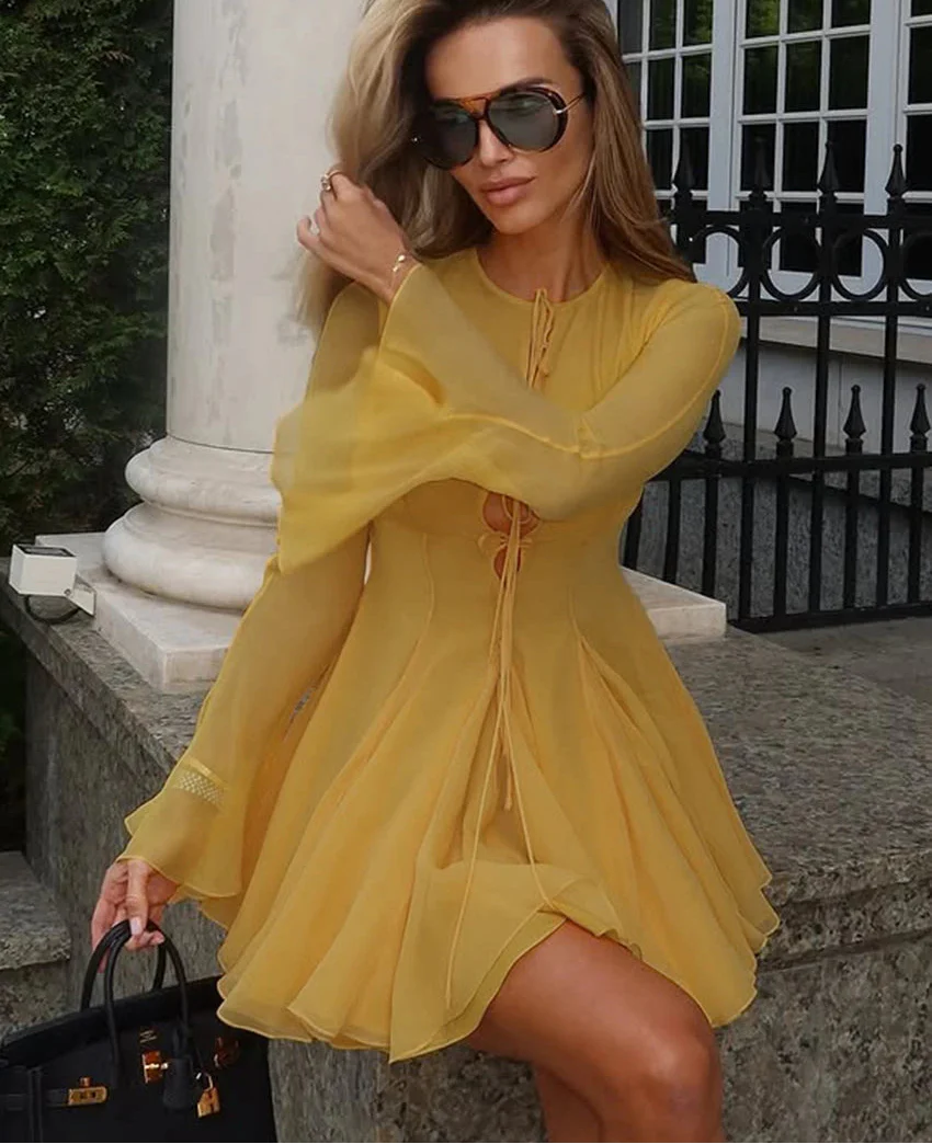 Yellow Ruffle Tie-Up Mini Dress | Flowy Bell Sleeve Empire Silhouette