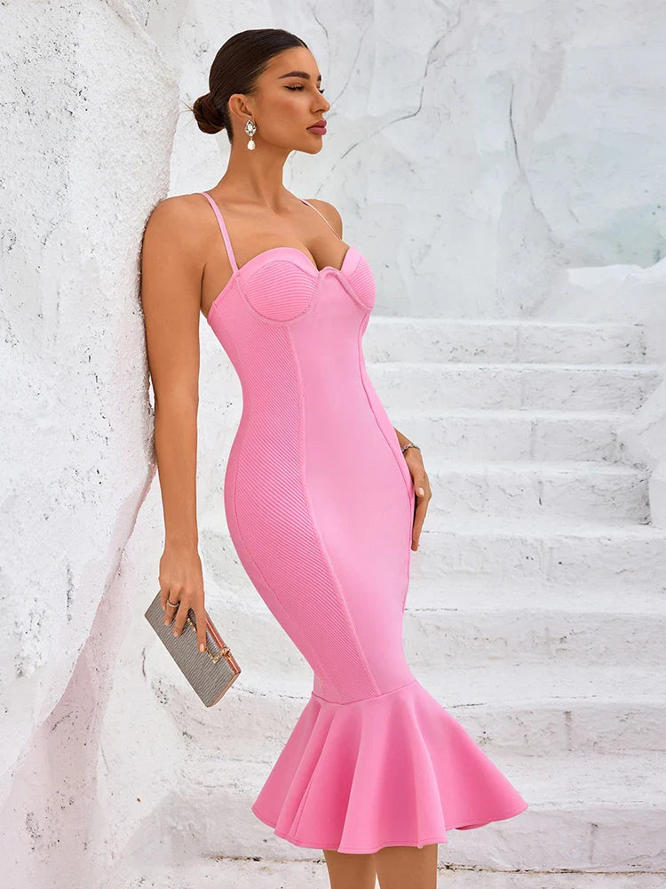 Pink Bandage Ruffle Midi Dress | Sweetheart Spaghetti Strap