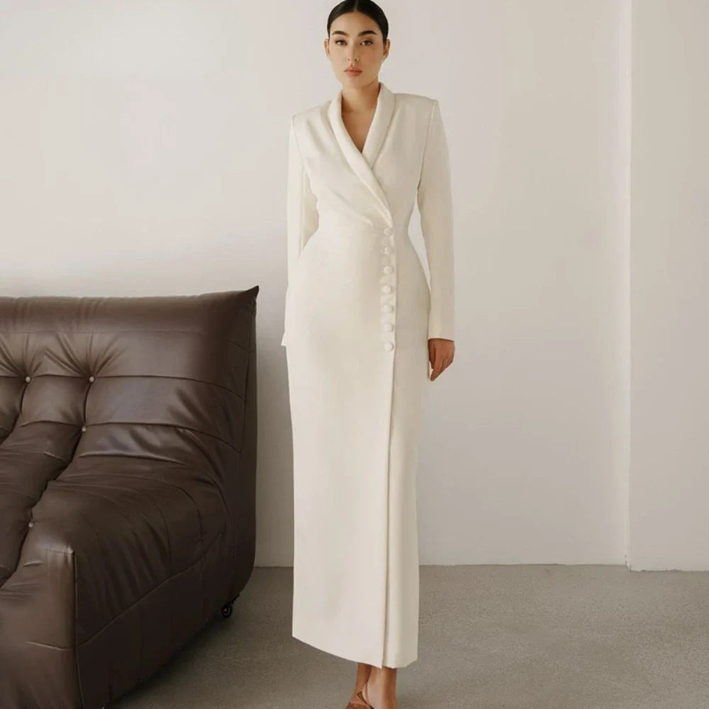 White Notched Collar Maxi Coat Dress | Minimal Tailored Elegance