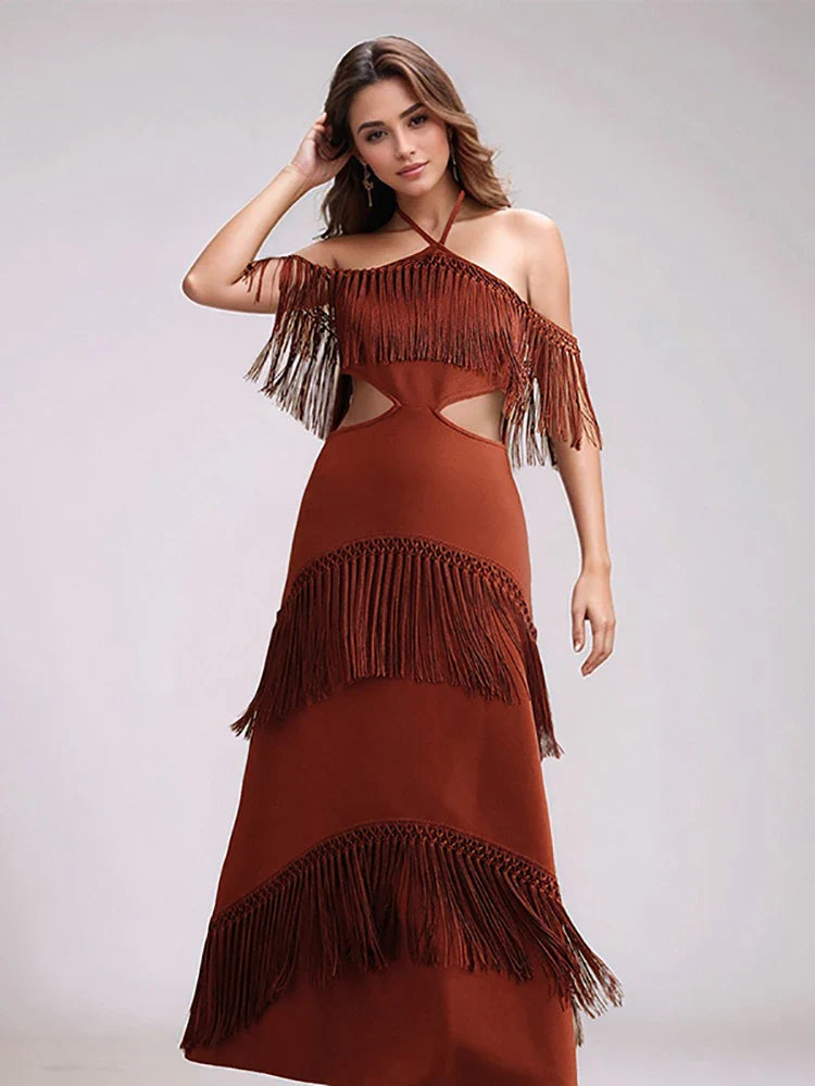 Fringe Halter Hollow Out Bandage Dress | Sleeveless Tassel Evening Gown