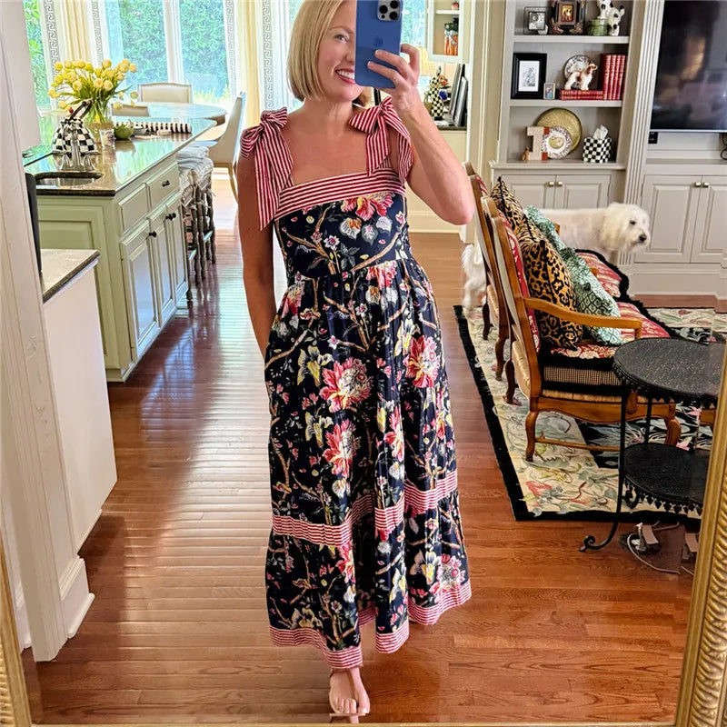 Boho Floral Maxi Dress | Tie-Shoulder Vintage Summer Sundress