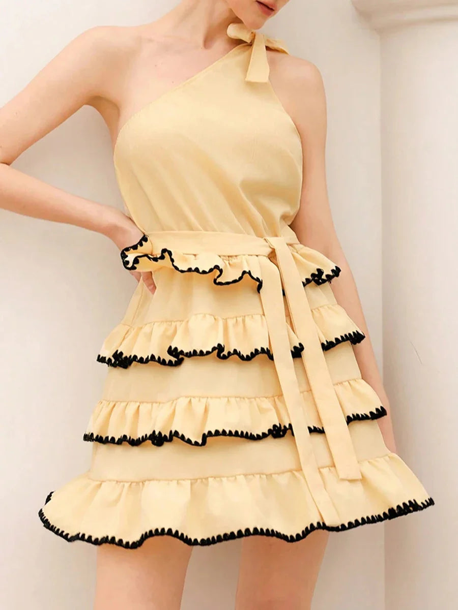 Yellow One-Shoulder Ruffle Dress | Tiered Mini for Summer Parties