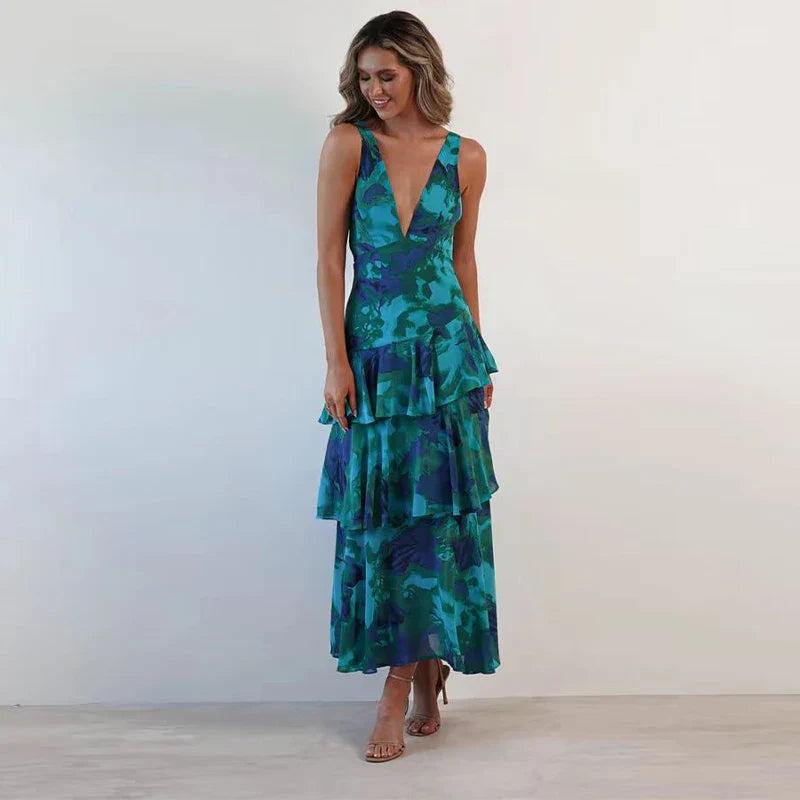 Close-up of chiffon-feel fabric and ruffle detail on printed maxi