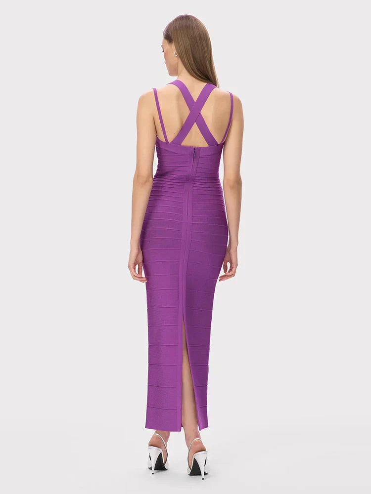 Purple Bandage Sheath Gown | V-Neck Spaghetti Strap Fit