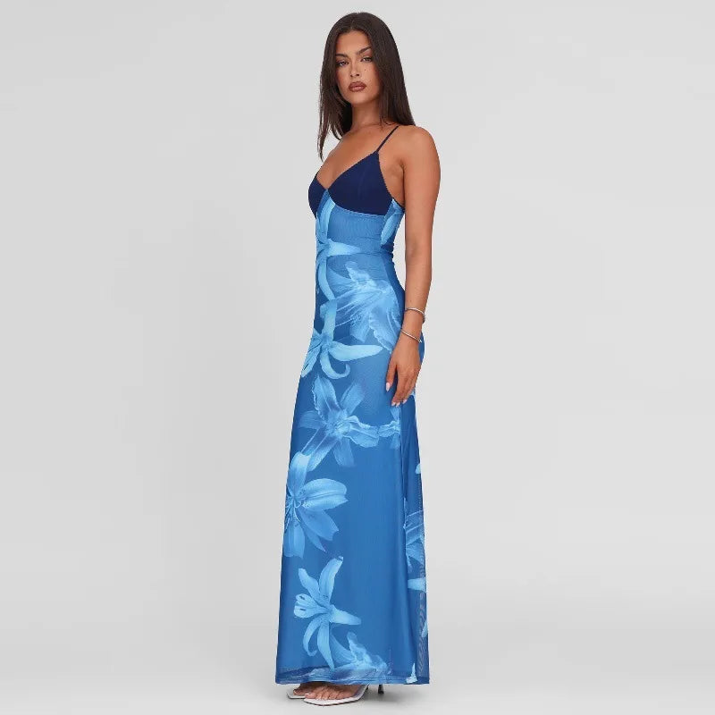Blue Floral Backless Maxi Dress | Summer Spaghetti Strap