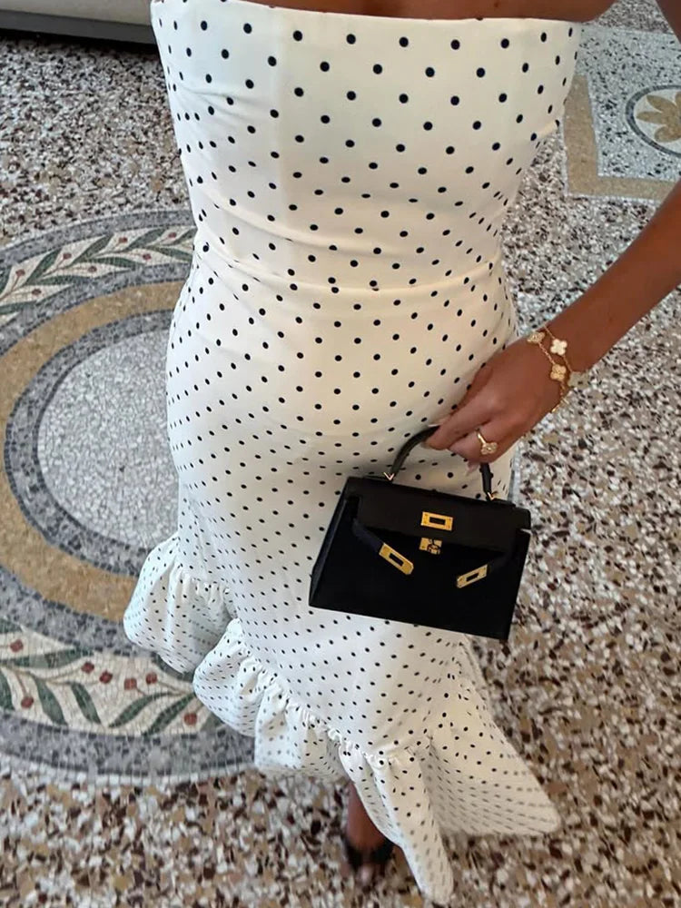 Strapless Polka Dot Mermaid Maxi Dress, White