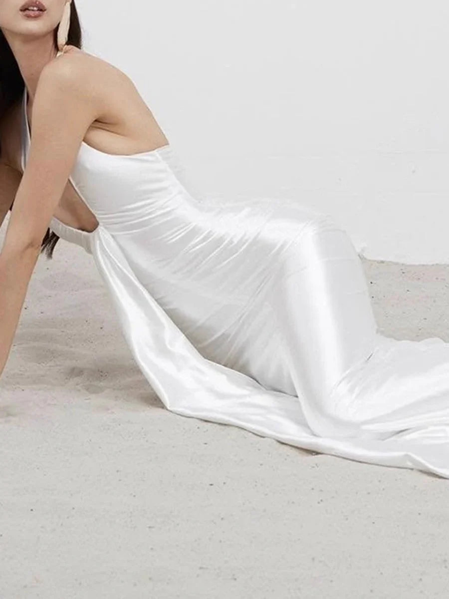 White Halter Mermaid Gown | Sleek Floor-Length Evening Dress