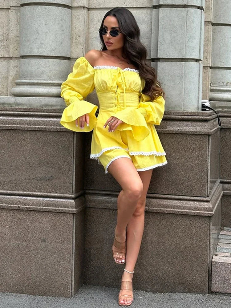 Off-Shoulder Lace Shorts Set |  Summer Co-Ord for Travel