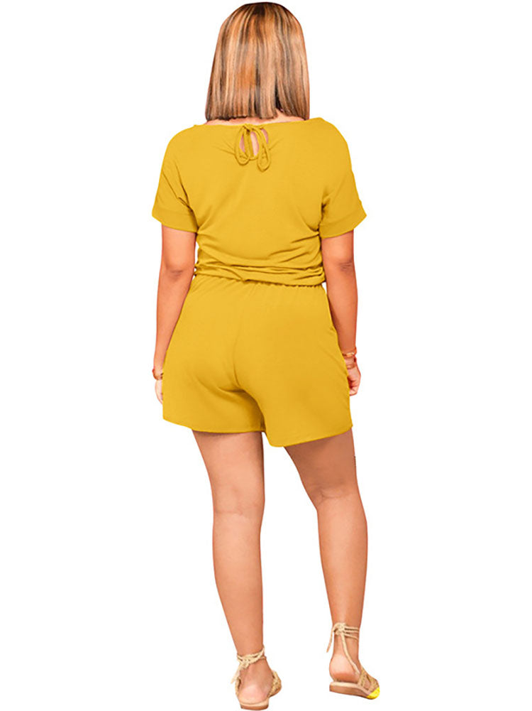 Short Sleeve Drawstring Solid Rompers