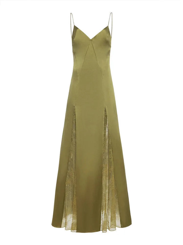 Lace-Panel V-Neck Slit Maxi Dress