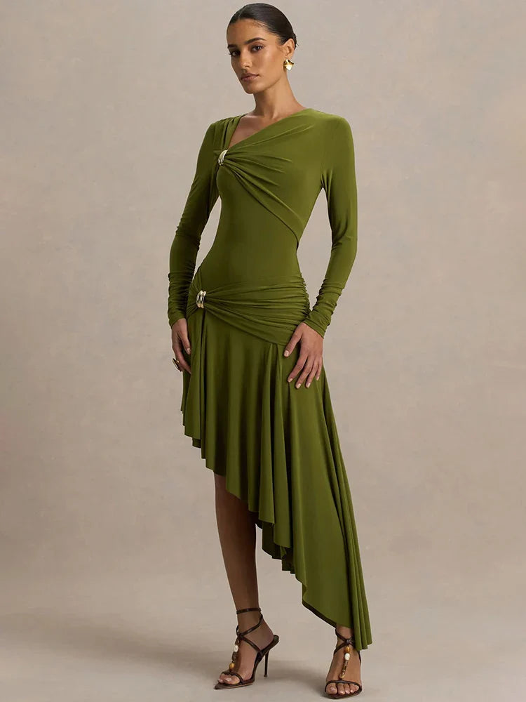 Asymmetrical Hem Metal Design Long Sleeve A-Line Dress