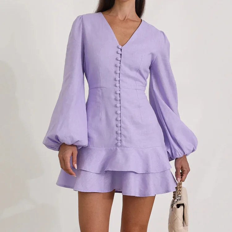 Purple A-Line Mini Dress | V-Neck Long Sleeve Women's Office Wear