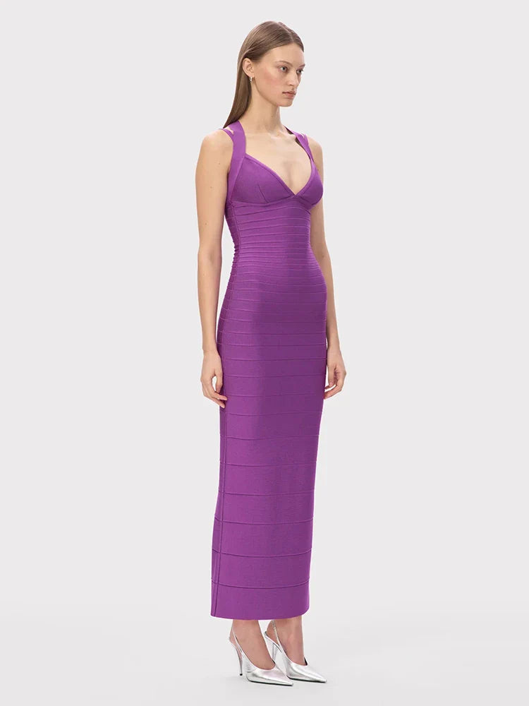 Purple Bandage Sheath Gown | V-Neck Spaghetti Strap Fit