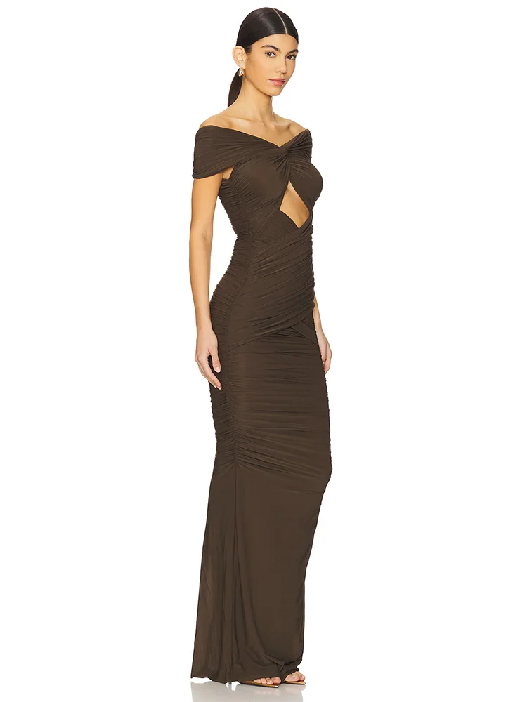 Brown Off Shoulder Hollow Out Evening Dress | V Neck Slim Party Gown