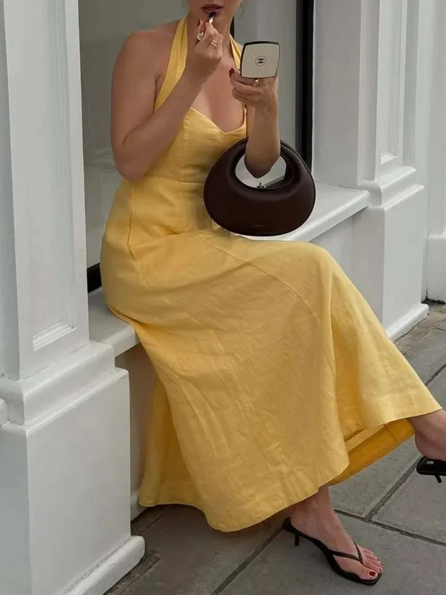 Yellow Halter Midi Dress | French-Inspired Backless Summer Look
