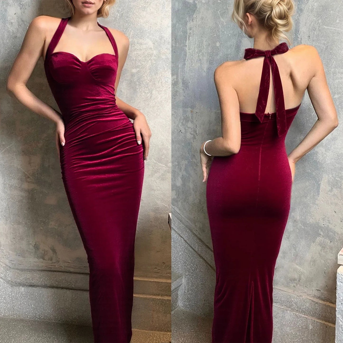 Burgundy Velvet Halter Gown | Backless Tie Evening Dress