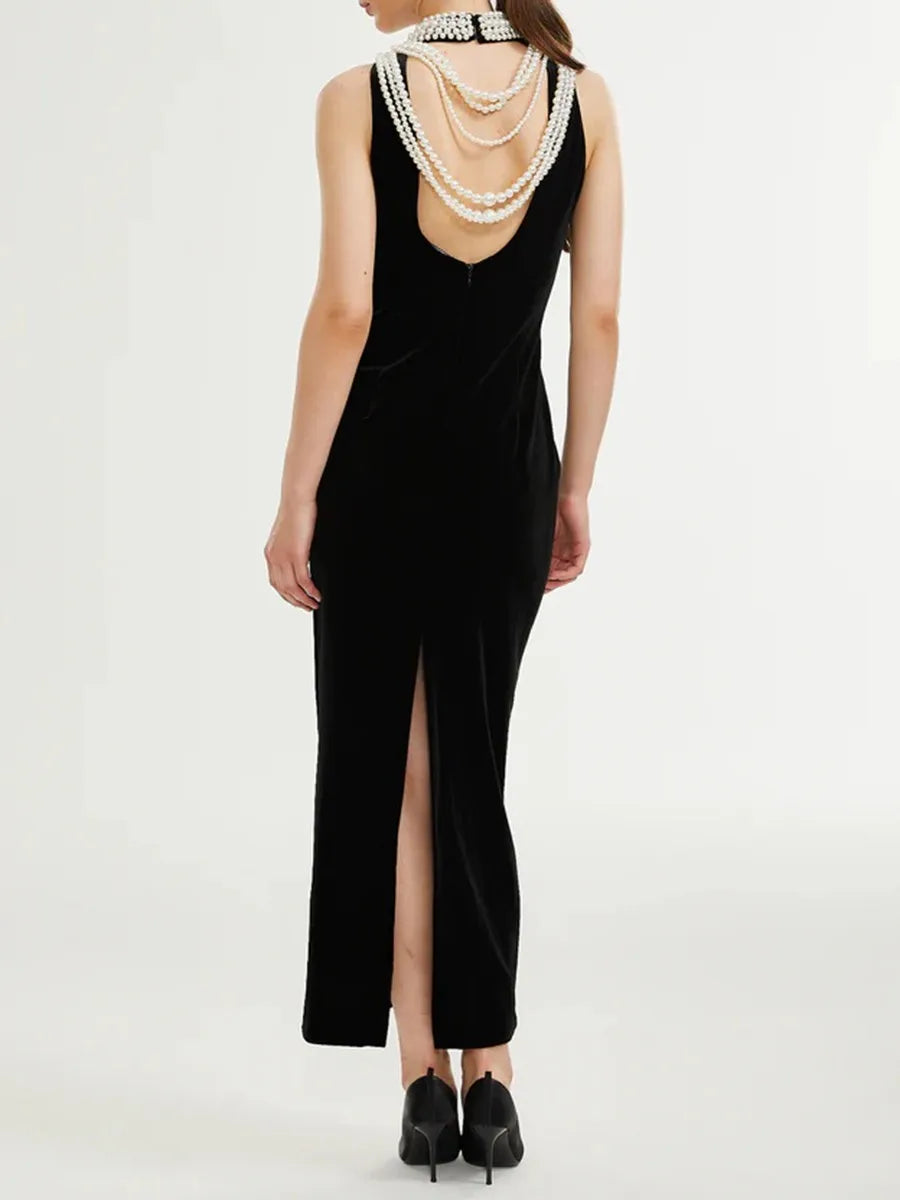 Black Velvet Maxi Dress with Draped Pearl Chain Back