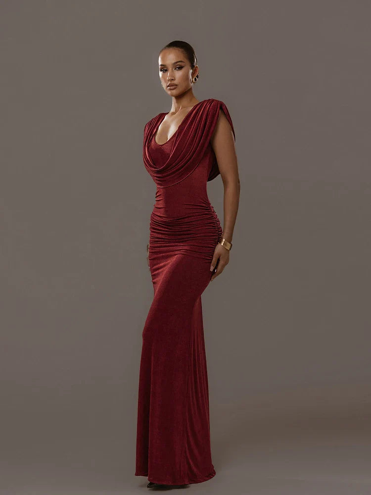 Velvet Ruched Swing Collar Bodycon Dress